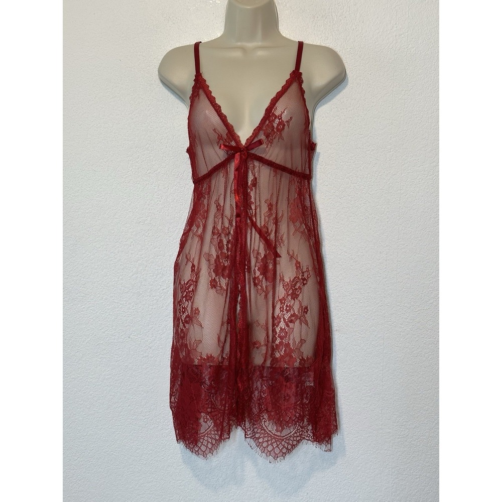 Y2K Red Lace Babydoll Fly Away Front Sheer Mesh Eyelash Hem M Vamp Gothic Romant